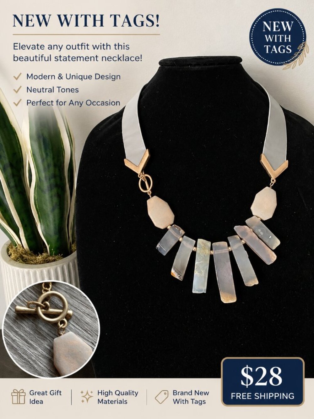 NWT Gray Statement Necklace | Modern Geometric Resin Gold Accent Bib Necklace